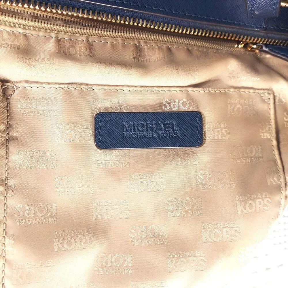 Michael Kors Navy Saffiano Leather Tote Bag Jet Set Travel Gold Logo Charm